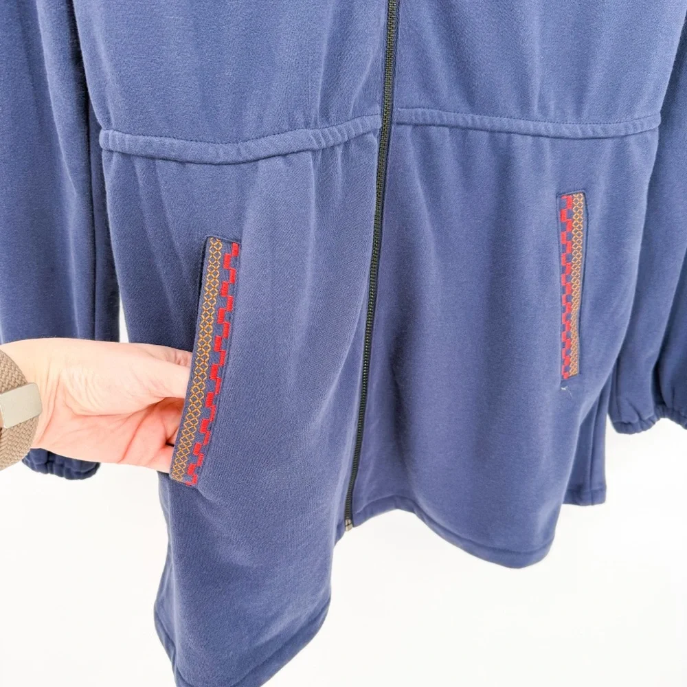 Solitaire Floral Embroidered Casual Zipper Front Hoodie Blue Medium